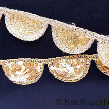 Gold Scallop Trim Embroidered With Beaded Gold Sequins, Approx. 30mm Wide - 210119L450